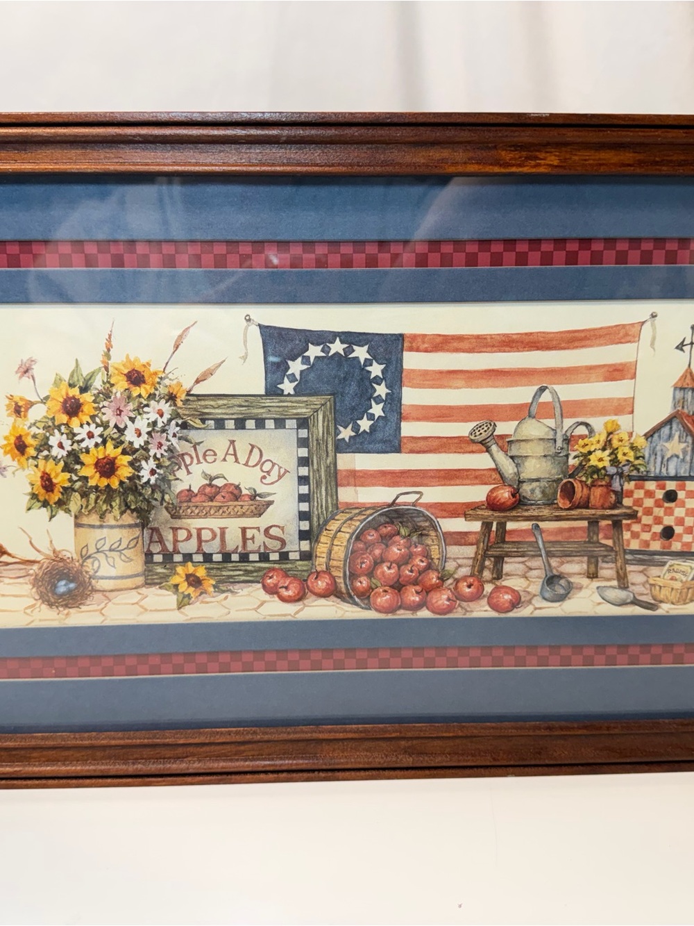 Home Interiors Americana Apple & Sunflower Wall Art - Red, Blue, Yellow Framed